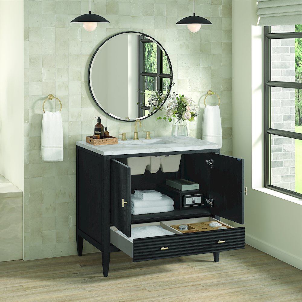 36" Vanity, Carbon Oak w/ 3 CM Victorian Silver Quartz Top. Picture 5