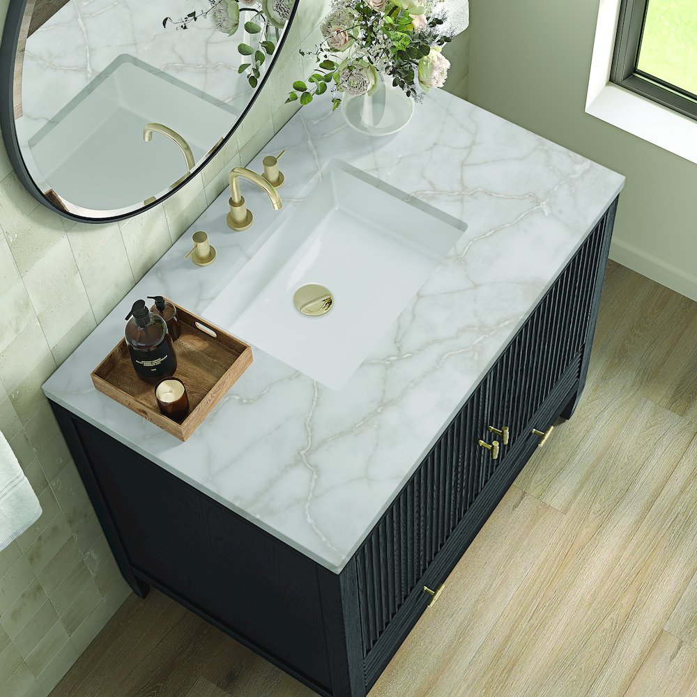 36" Vanity, Carbon Oak w/ 3 CM Victorian Silver Quartz Top. Picture 7