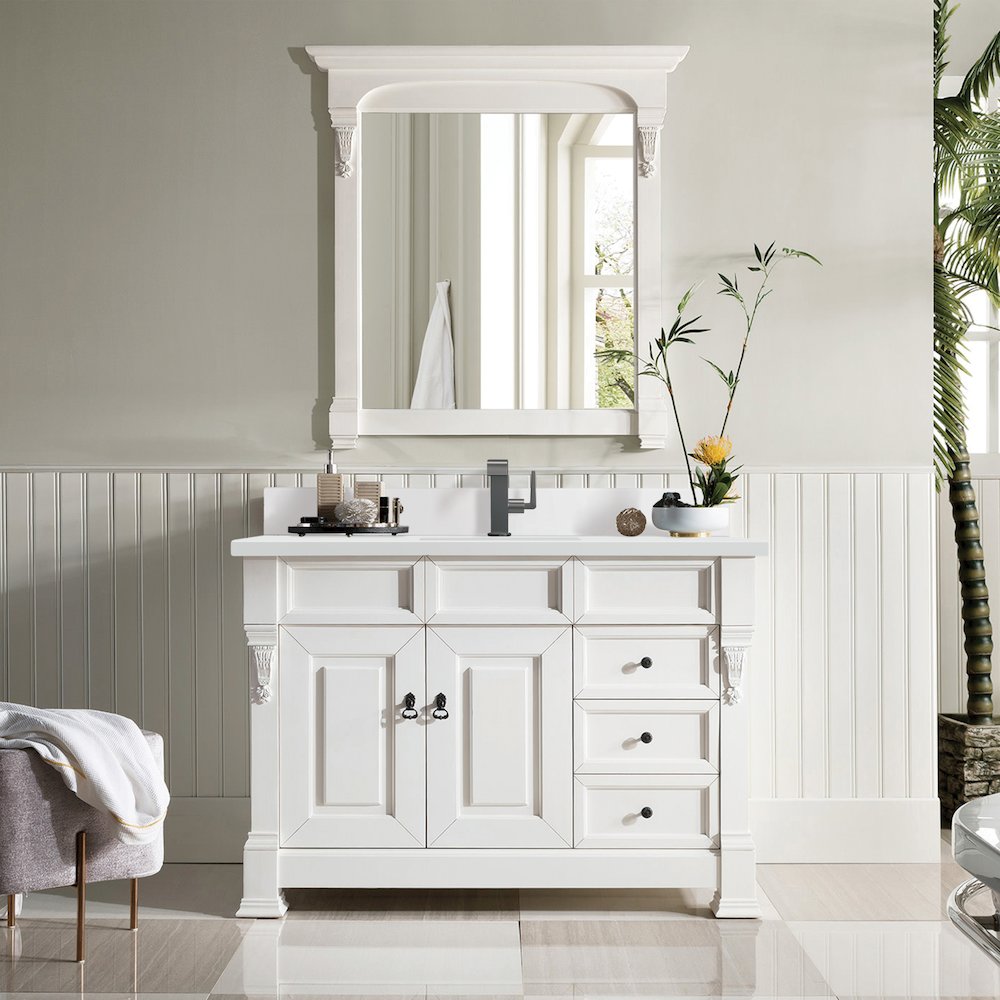 48" Single Vanity, Bright White w/ Single Hole 3 CM White Zeus Quartz Top. Picture 2
