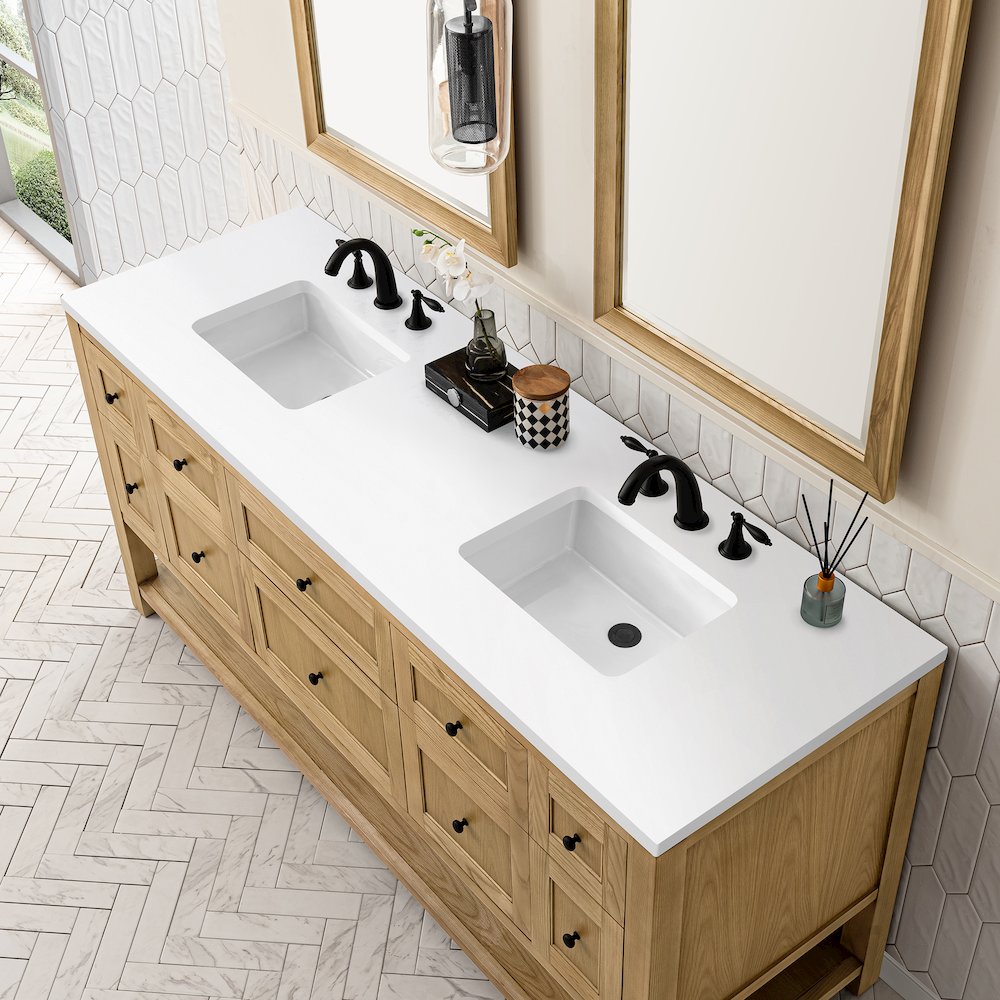 72" Double Vanity, Light Natural Oak w/ 3 CM White Zeus Top. Picture 9