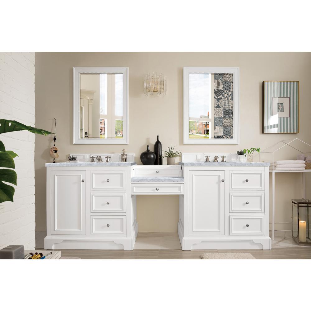 94" Double Vanity Set, Bright White w/ Makeup Table, 3 CM Carrara Marble Top. Picture 1