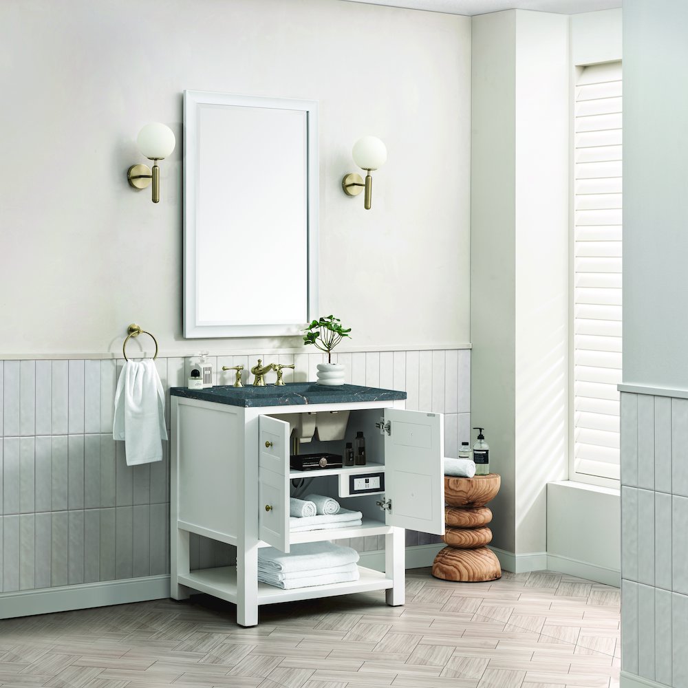 30" Single Vanity, Bright White w/ 3 CM Parisien Bleu Top. Picture 4