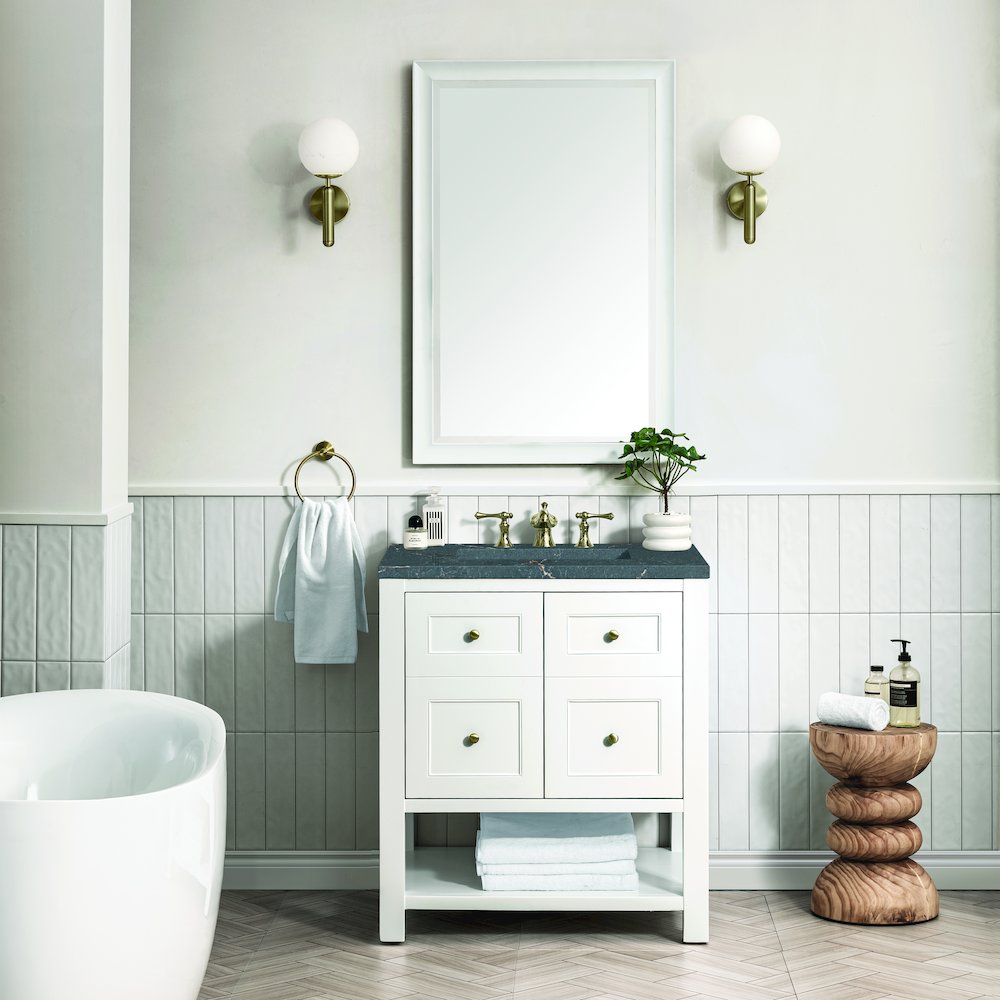 30" Single Vanity, Bright White w/ 3 CM Parisien Bleu Top. Picture 2