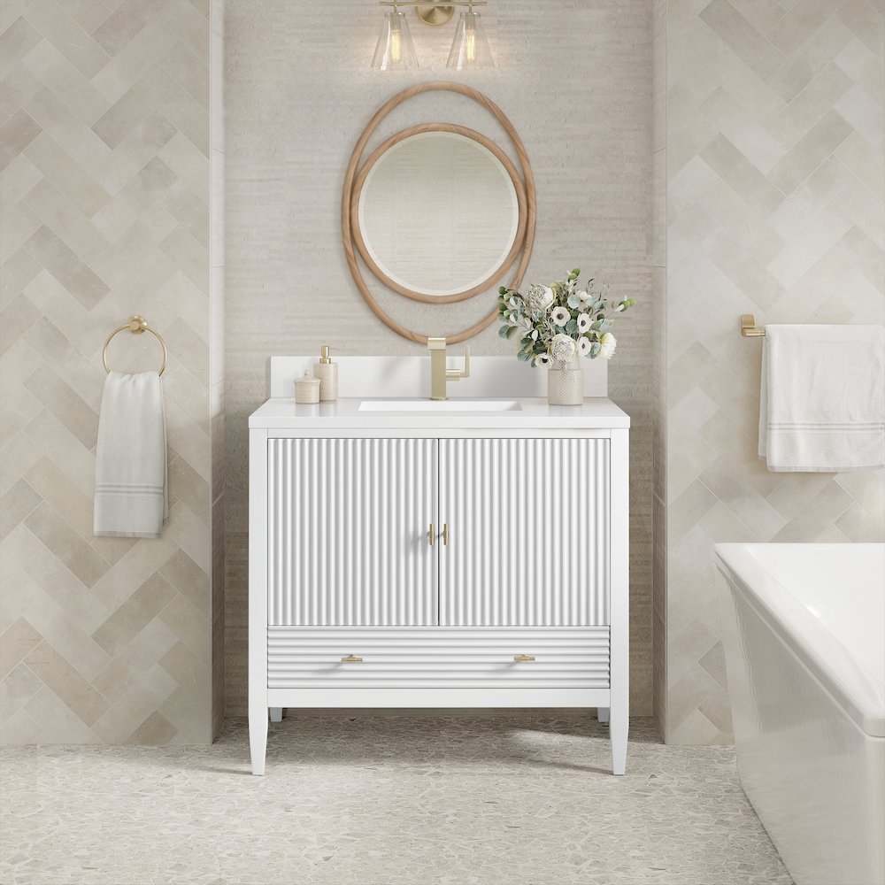 36" Vanity, Bright White w/ Single Hole 3 CM White Zeus Quartz Top & Backsplash. Picture 2