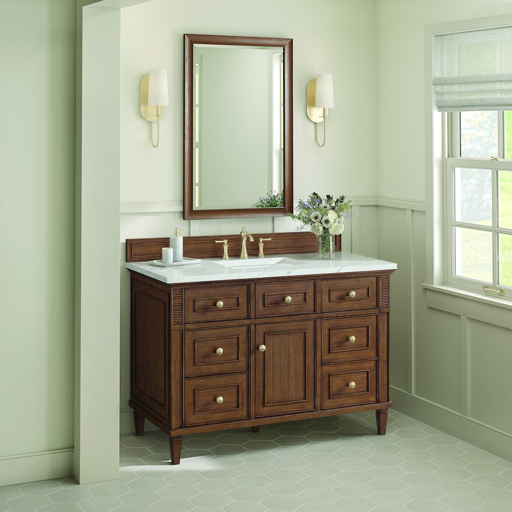 48" Single Vanity, Mid-Century Walnut w/ 3 CM Ethereal Noctis Quartz Top. Picture 5