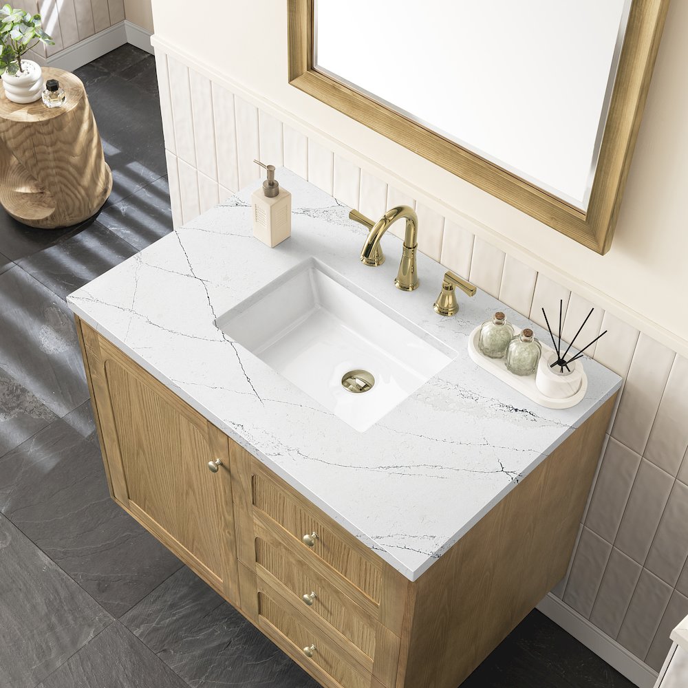 36" Single Vanity, Light Natural Oak w/ 3 CM Ethereal Noctis Top. Picture 8
