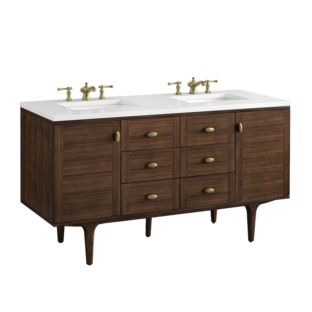 60" Double Vanity, Mid-Century Walnut w/ 3 CM White Zeus Top. Picture 18