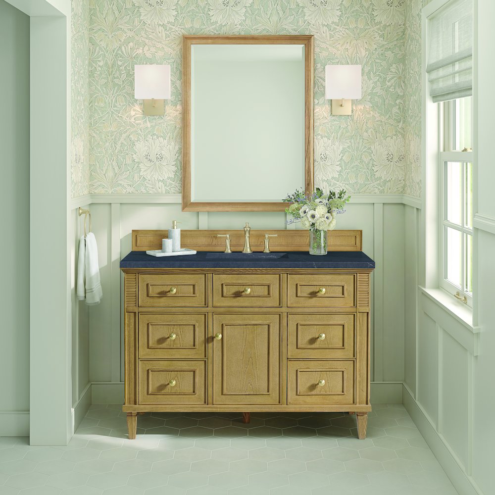 48" Single Vanity, Light Natural Oak w/ 3 CM Charcoal Soapstone Quartz Top. Picture 3