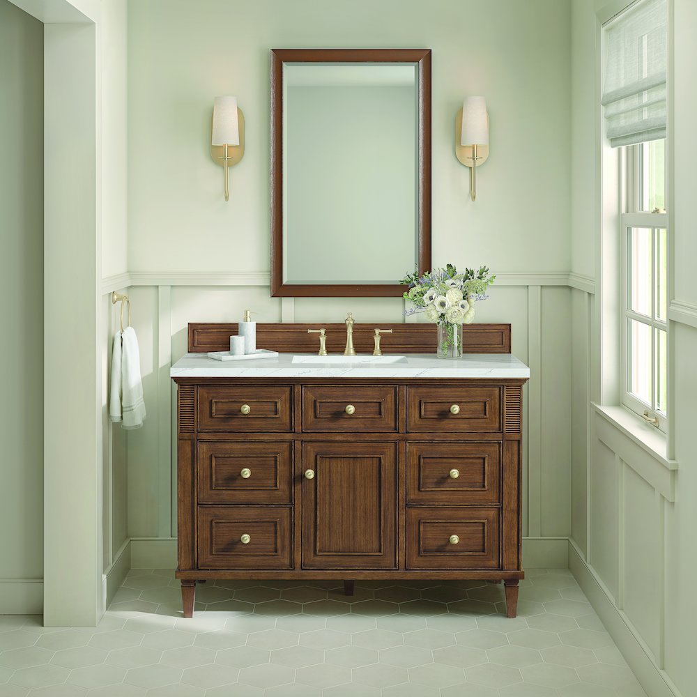 48" Single Vanity, Mid-Century Walnut w/ 3 CM Ethereal Noctis Quartz Top. Picture 4