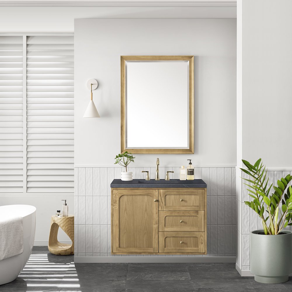36" Single Vanity, Light Natural Oak w/ 3 CM Charcoal Soapstone Top. Picture 3