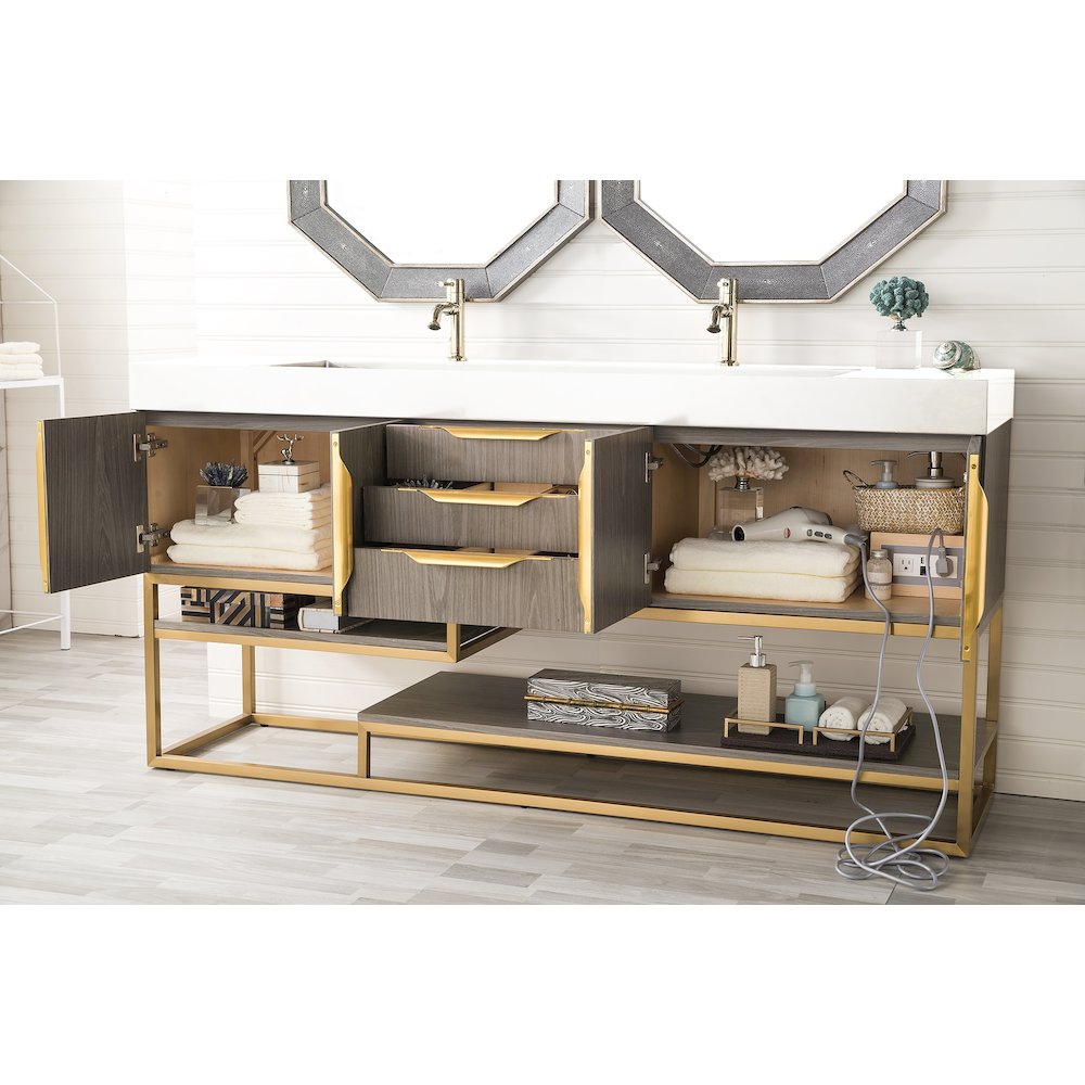Columbia 72" Double Vanity, Ash Gray, Radiant Gold w/ Glossy White Composite Top. Picture 3