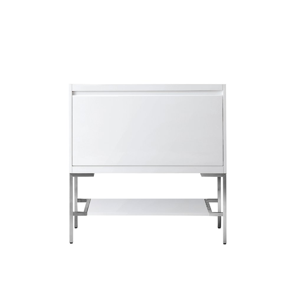 35.4" Single Vanity Cabinet, Glossy White, Brushed Nickel Base. Picture 1