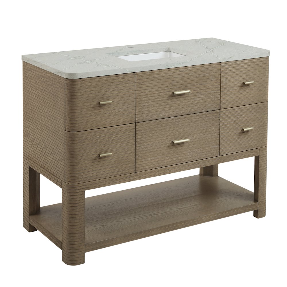 48" Single Vanity, Pebble Oak w/ 3 CM Victorian Silver Quartz Top. Picture 6