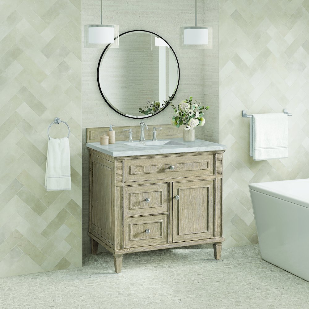 36" Single Vanity, Whitewashed Oak w/ 3 CM Victorian Silver Quartz Top. Picture 4