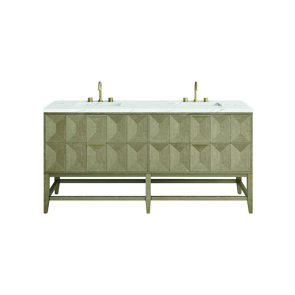 72" Double Vanity, Pebble Oak w/ 3 CM Ethereal Noctis Top. Picture 2