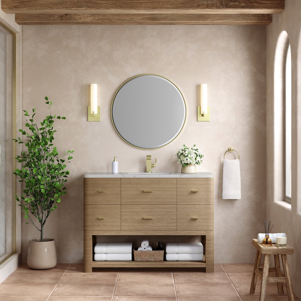 48" Single Vanity, Pebble Oak w/ 3 CM Victorian Silver Quartz Top. Picture 2
