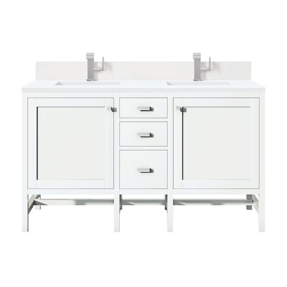 60" Double Vanity, Glossy White w/ Single Hole 3 CM White Zeus Quartz Top. Picture 1