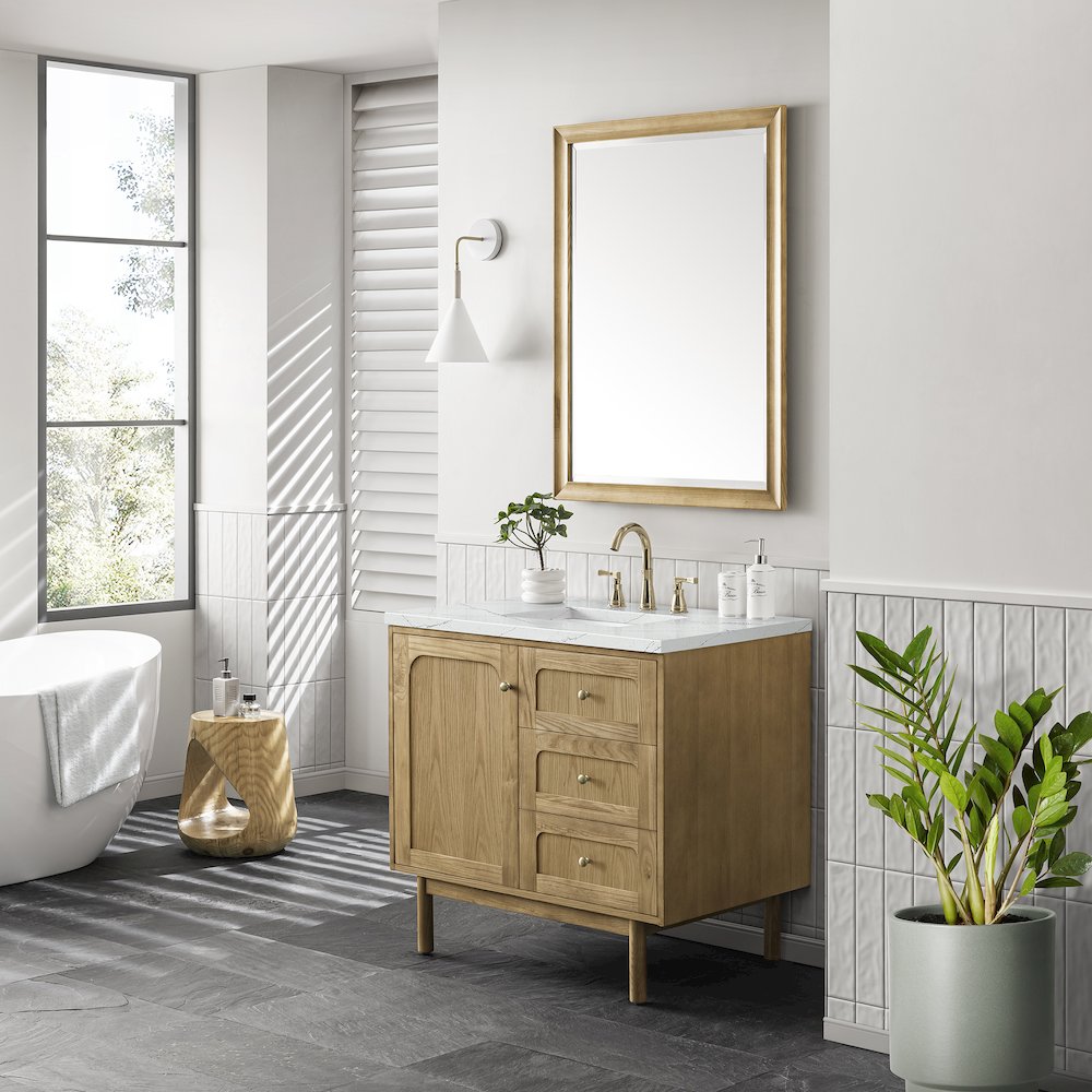 36" Single Vanity, Light Natural Oak w/ 3 CM Ethereal Noctis Top. Picture 4