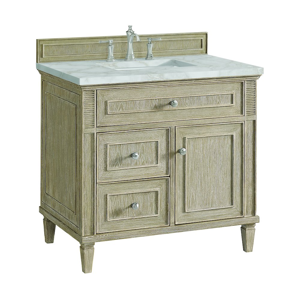 36" Single Vanity, Whitewashed Oak w/ 3 CM Victorian Silver Quartz Top. Picture 9