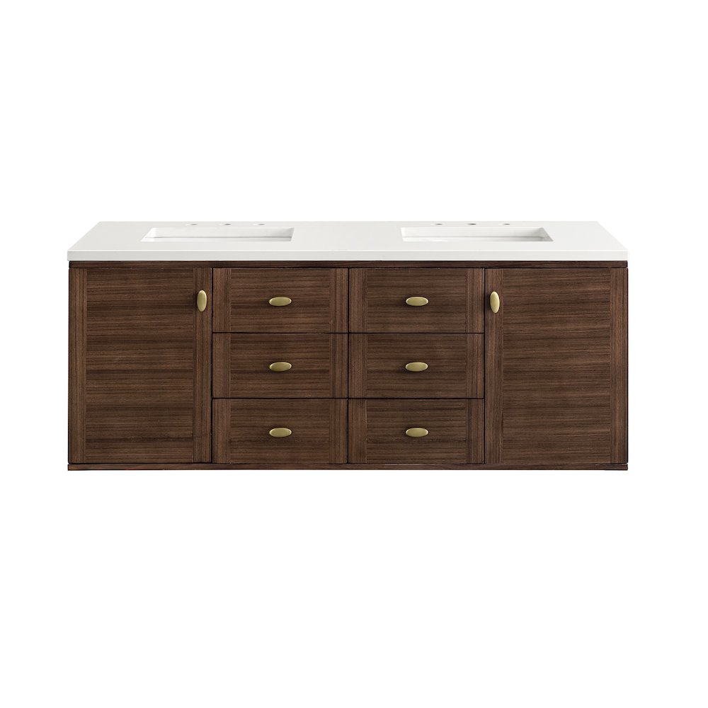 60" Double Vanity, Mid-Century Walnut w/ 3 CM White Zeus Top. Picture 4