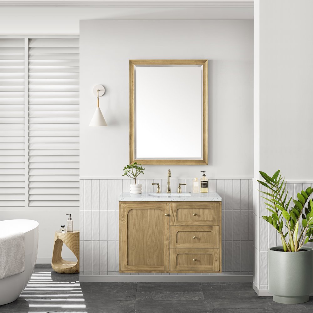 36" Single Vanity, Light Natural Oak w/ 3 CM Ethereal Noctis Top. Picture 3