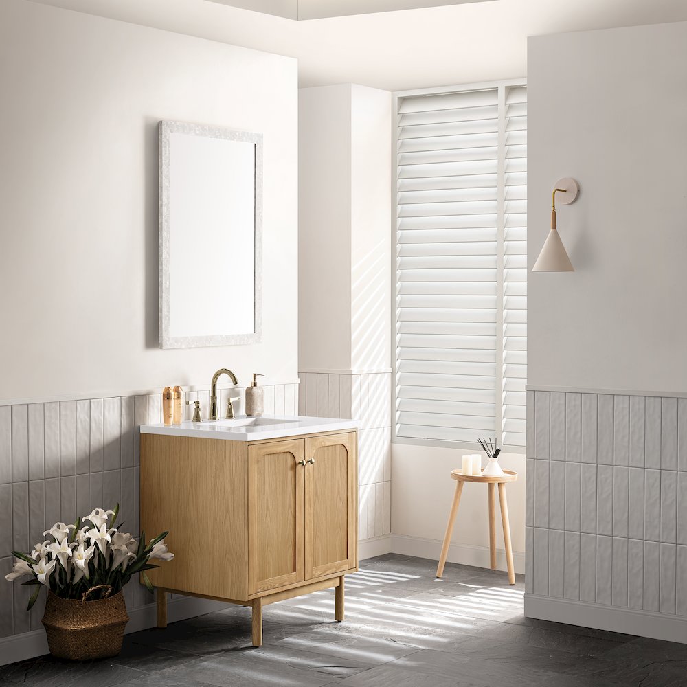 30" Single Vanity, Light Natural Oak w/ 3 CM White Zeus Top. Picture 6