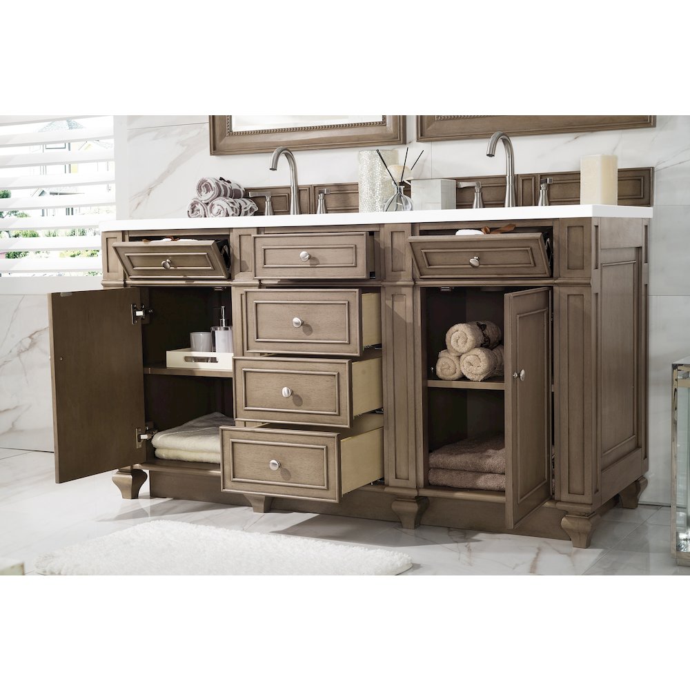 60" Double Vanity, Whitewashed Walnut w/ 3 CM White Zeus Quartz Top. Picture 4