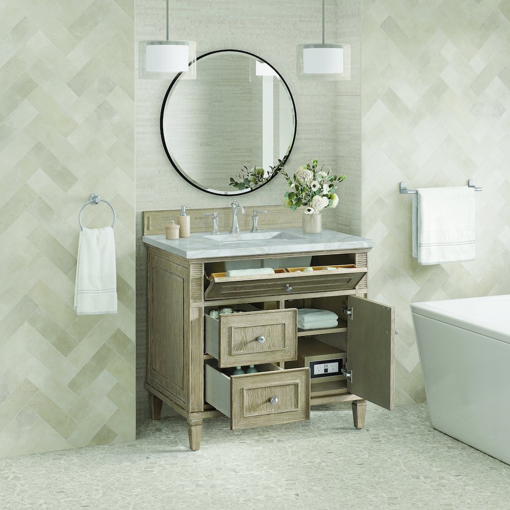 36" Single Vanity, Whitewashed Oak w/ 3 CM Victorian Silver Quartz Top. Picture 5