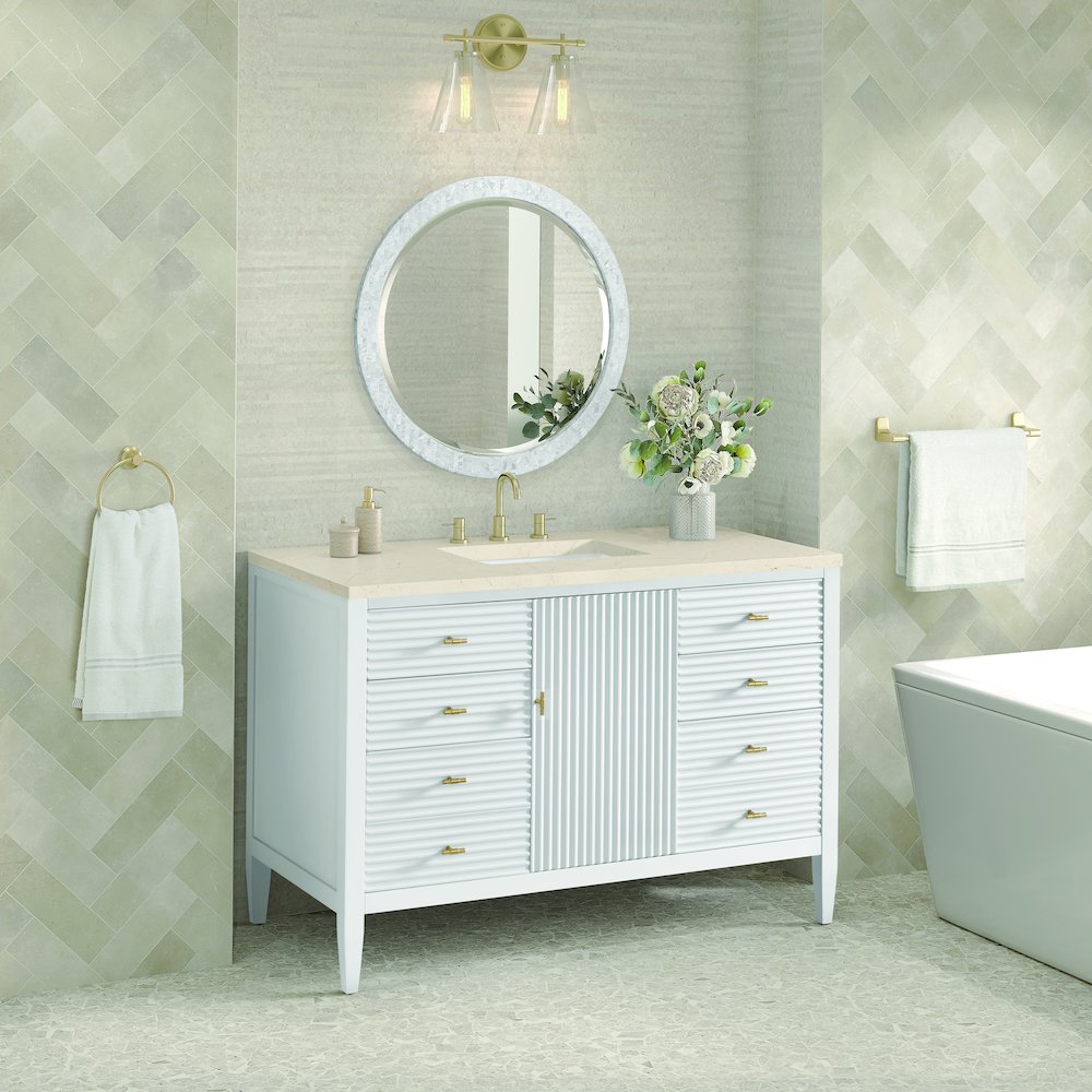 48" Vanity, Bright White w/ 3 CM Eternal Marfil Quartz Top. Picture 4