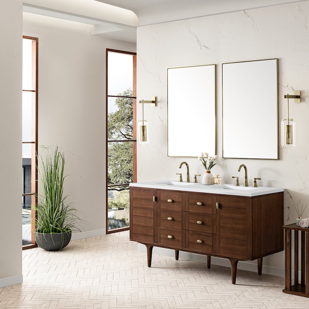 60" Double Vanity, Mid-Century Walnut w/ 3 CM White Zeus Top. Picture 7