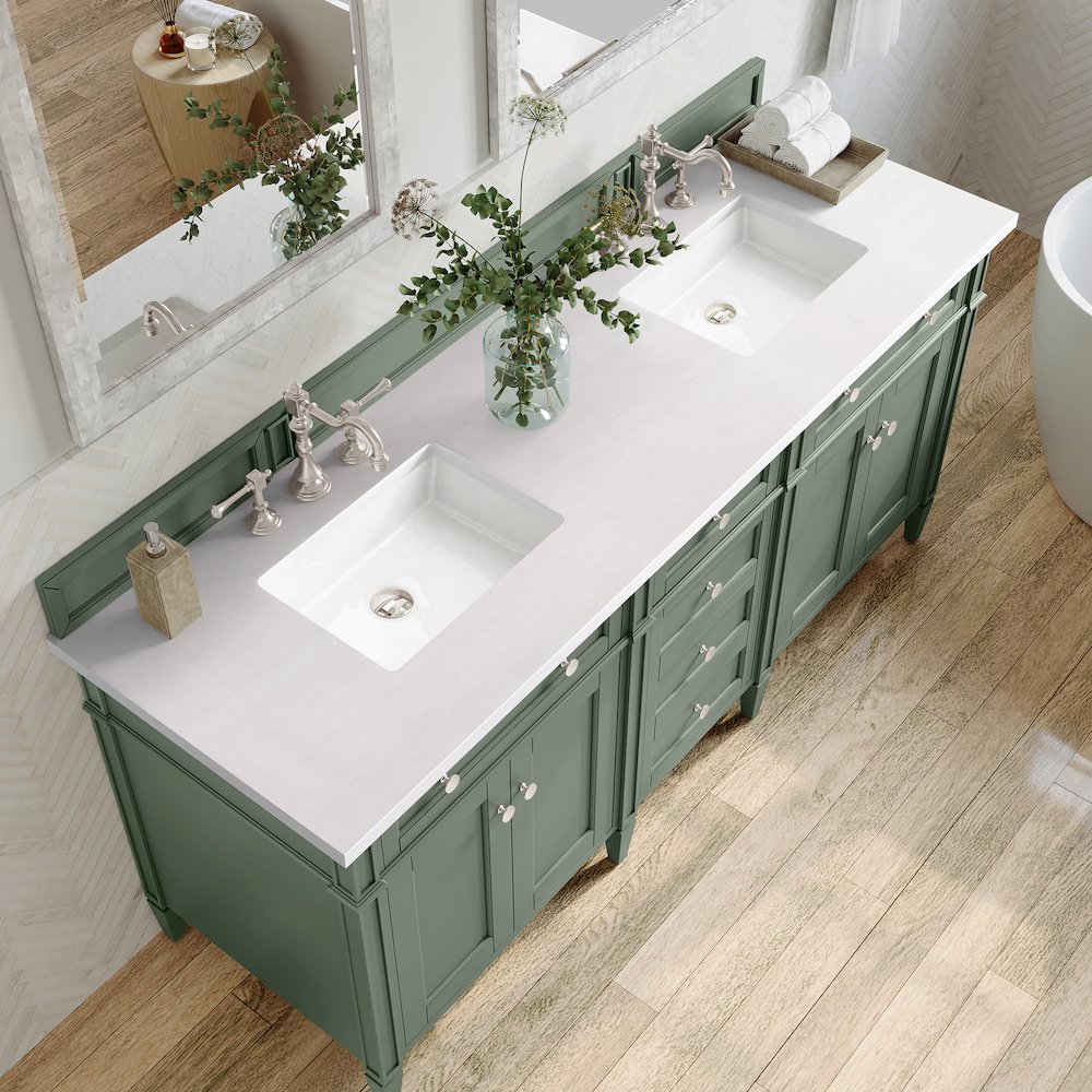 72" Double Vanity, Smokey Celadon w/ 3 CM White Zeus Top. Picture 5