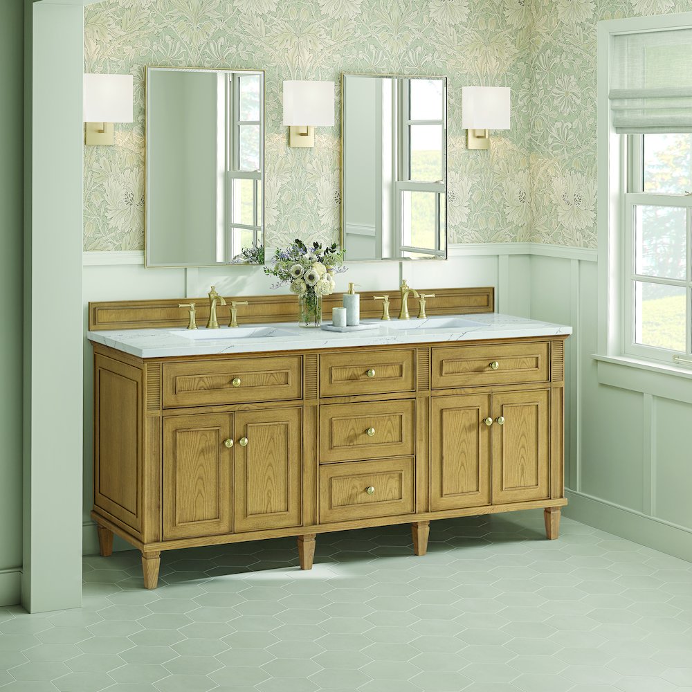 72" Double Vanity, Light Natural Oak w/ 3 CM Ethereal Noctis Quartz Top. Picture 4