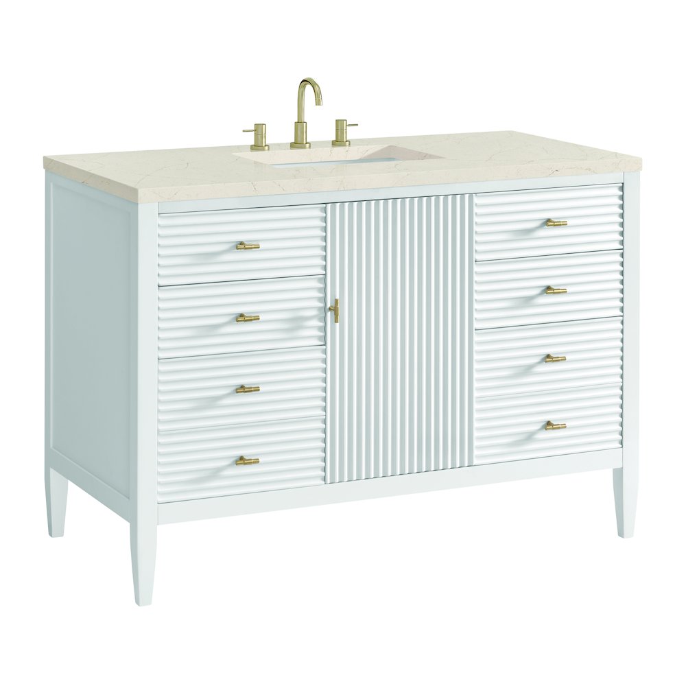 48" Vanity, Bright White w/ 3 CM Eternal Marfil Quartz Top. Picture 9