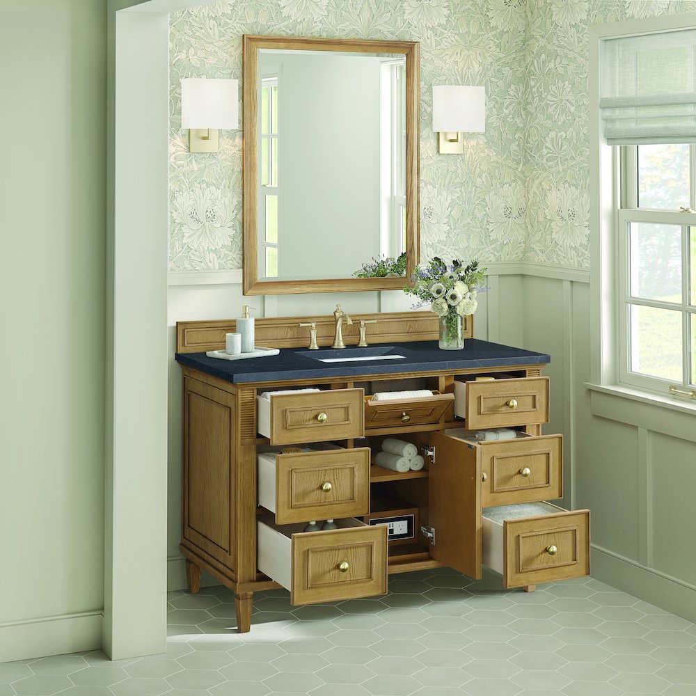 48" Single Vanity, Light Natural Oak w/ 3 CM Charcoal Soapstone Quartz Top. Picture 5
