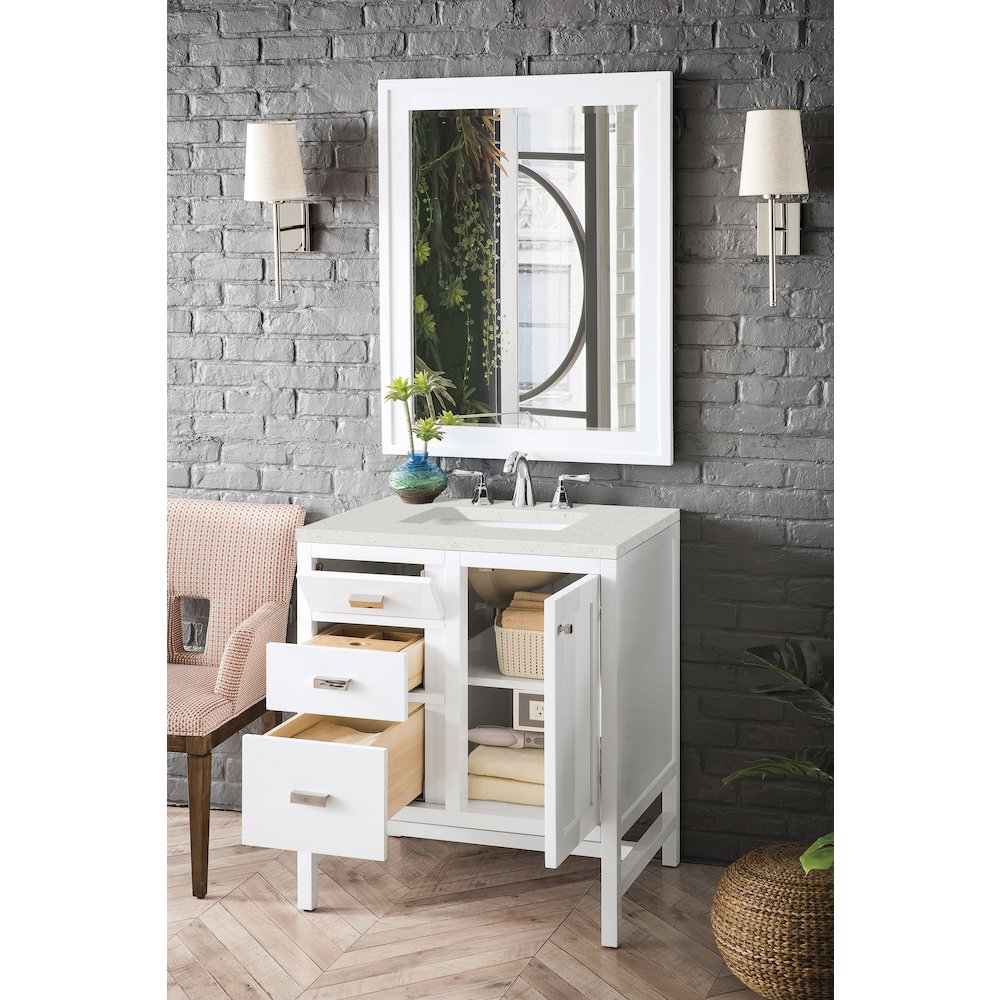 30" Single Vanity, Glossy White w/ 3 CM Lime Delight Quartz Top. Picture 4