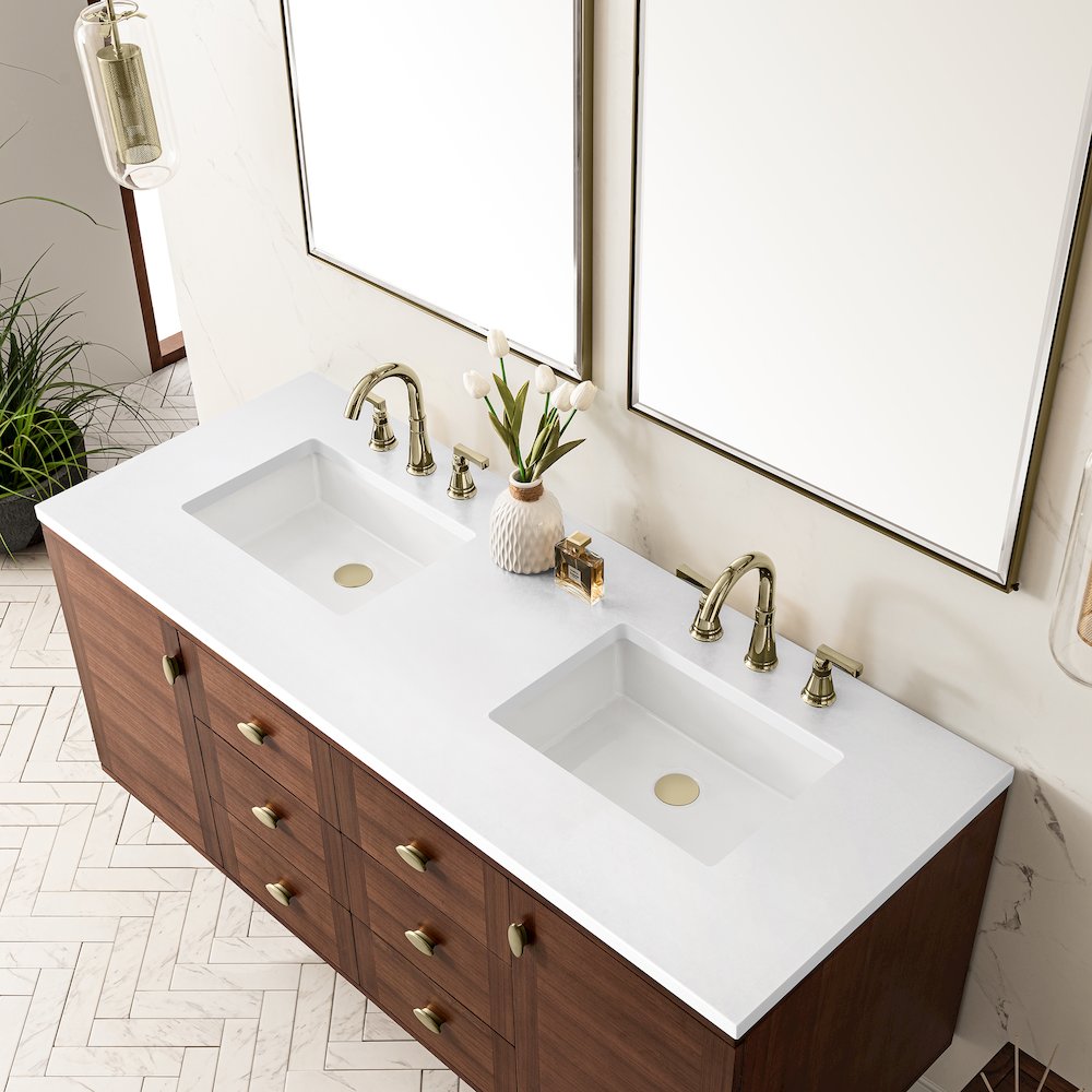 60" Double Vanity, Mid-Century Walnut w/ 3 CM White Zeus Top. Picture 16