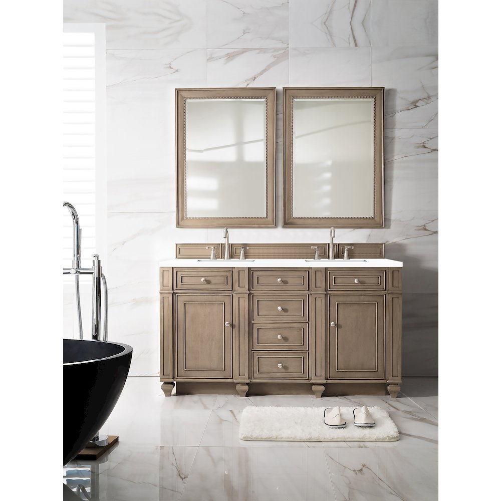 60" Double Vanity, Whitewashed Walnut w/ 3 CM White Zeus Quartz Top. Picture 2