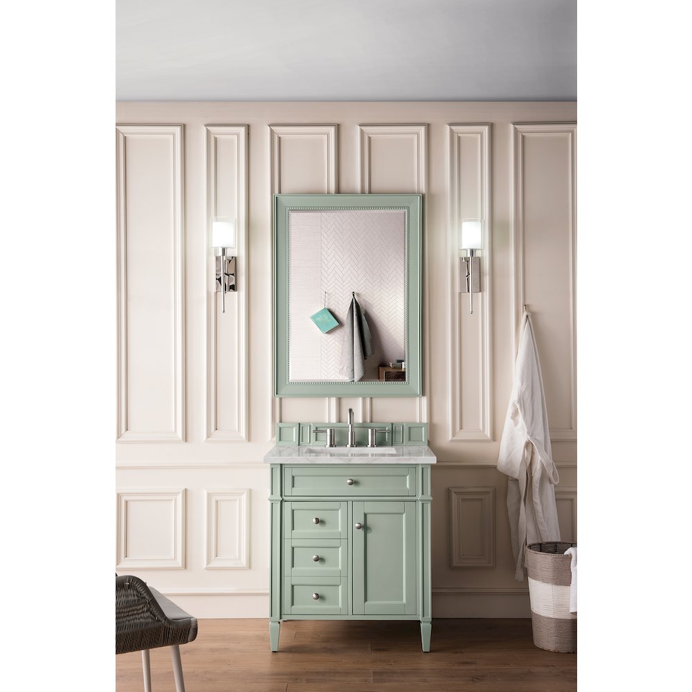 30" Single Vanity, Sage Green, w/ 3 CM Victorian Silver Quartz Top. Picture 2