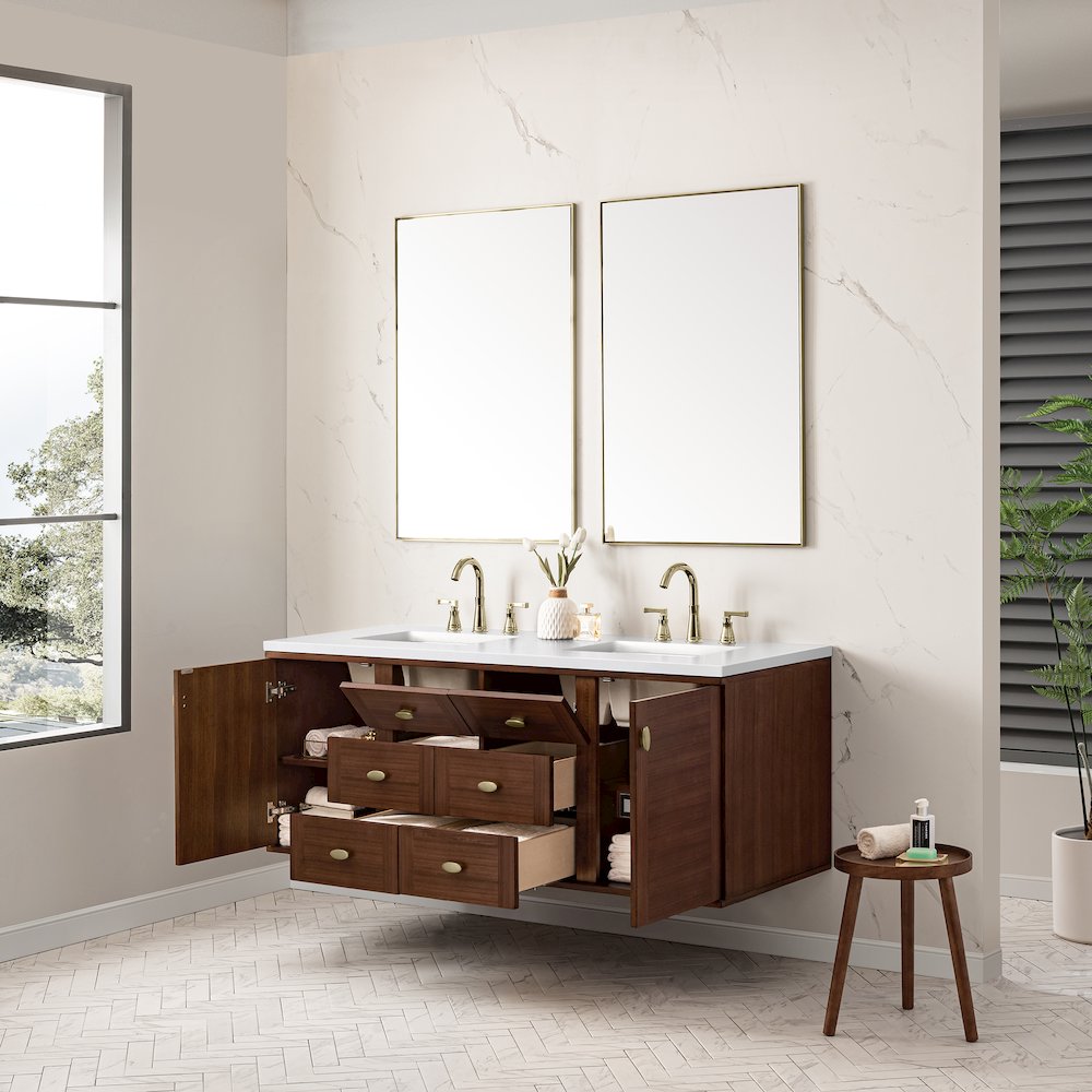 60" Double Vanity, Mid-Century Walnut w/ 3 CM White Zeus Top. Picture 10