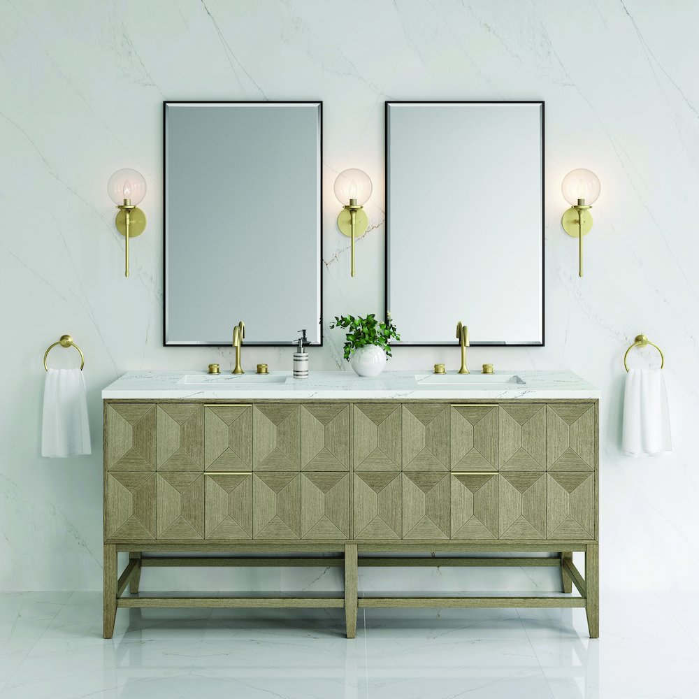 72" Double Vanity, Pebble Oak w/ 3 CM Ethereal Noctis Top. Picture 3