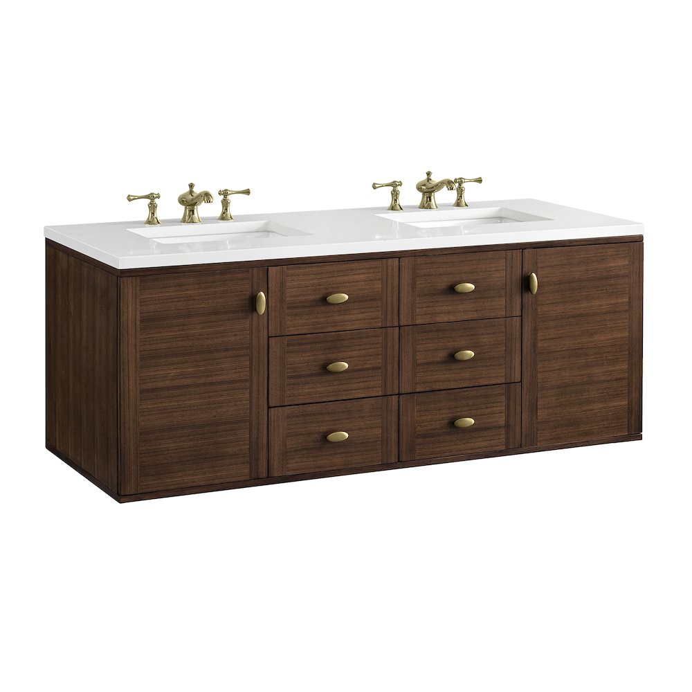 60" Double Vanity, Mid-Century Walnut w/ 3 CM White Zeus Top. Picture 19
