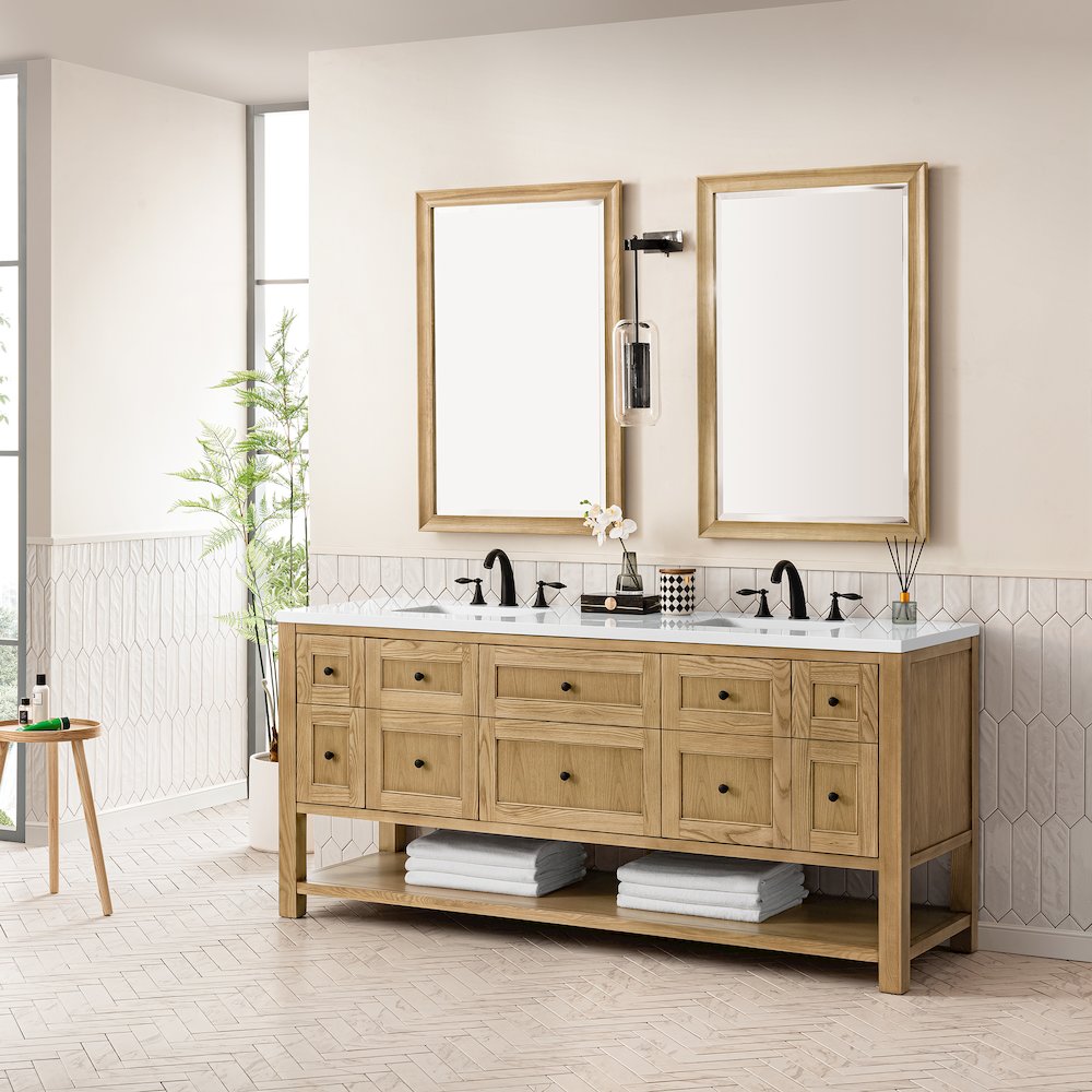 72" Double Vanity, Light Natural Oak w/ 3 CM White Zeus Top. Picture 4
