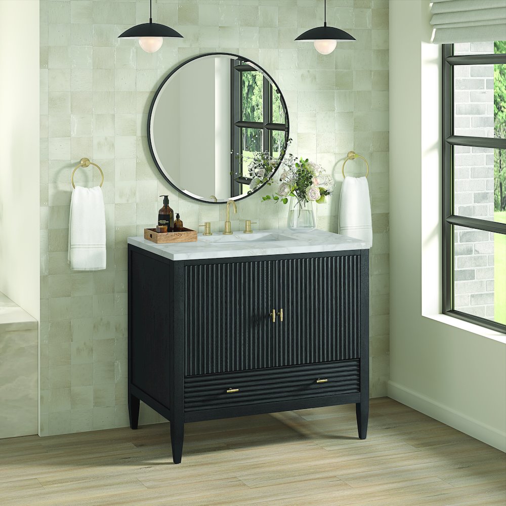36" Vanity, Carbon Oak w/ 3 CM Victorian Silver Quartz Top. Picture 4