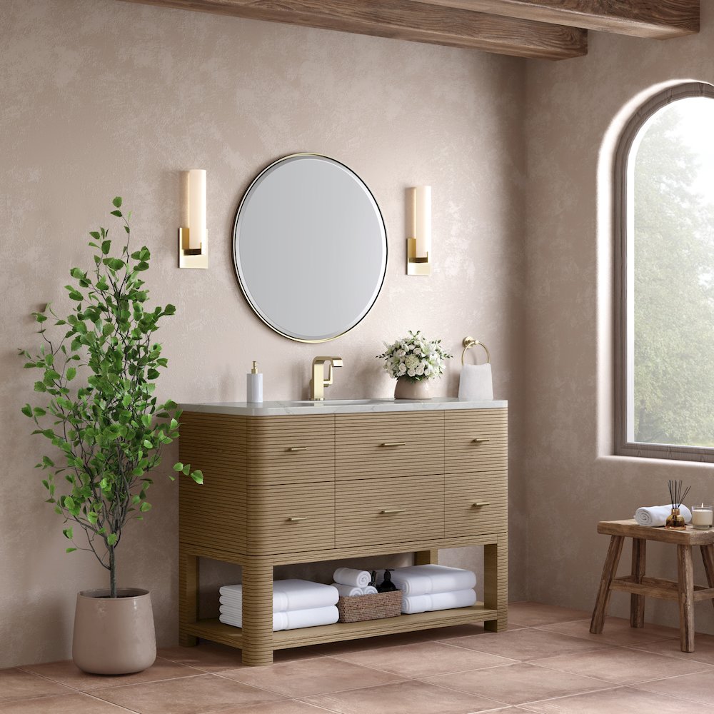 48" Single Vanity, Pebble Oak w/ 3 CM Victorian Silver Quartz Top. Picture 3