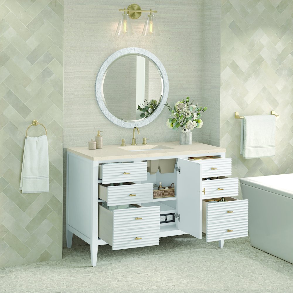 48" Vanity, Bright White w/ 3 CM Eternal Marfil Quartz Top. Picture 5