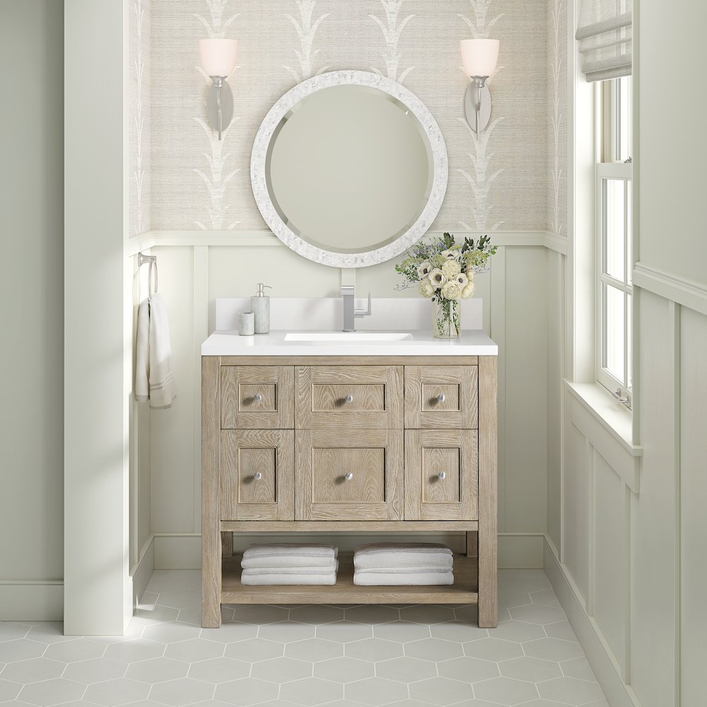 36" Single Vanity, Whitewashed Oak w/ Single Hole 3CM White Zeus Quartz Top. Picture 2
