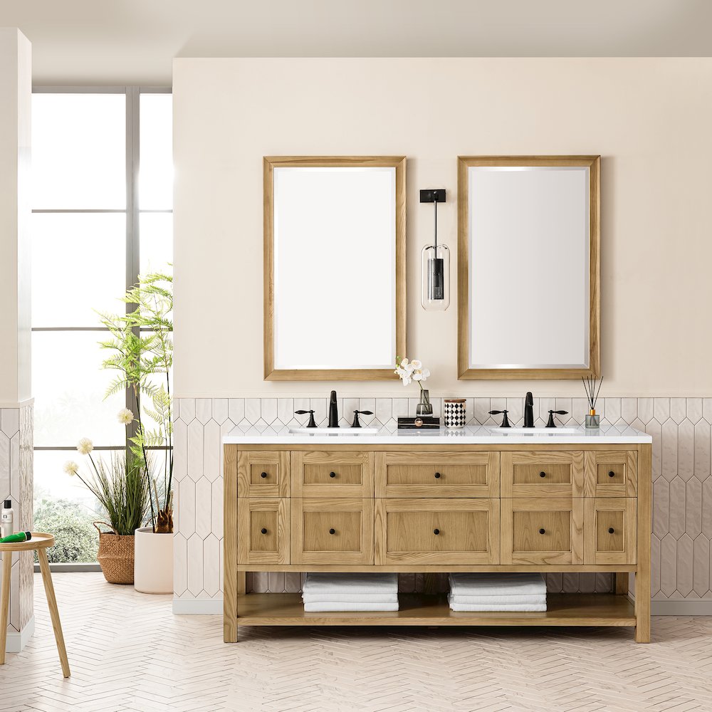 72" Double Vanity, Light Natural Oak w/ 3 CM White Zeus Top. Picture 3