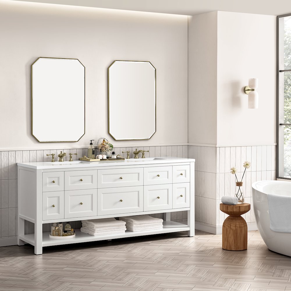 72" Double Vanity, Bright White w/ 3 CM White Zeus Top. Picture 4