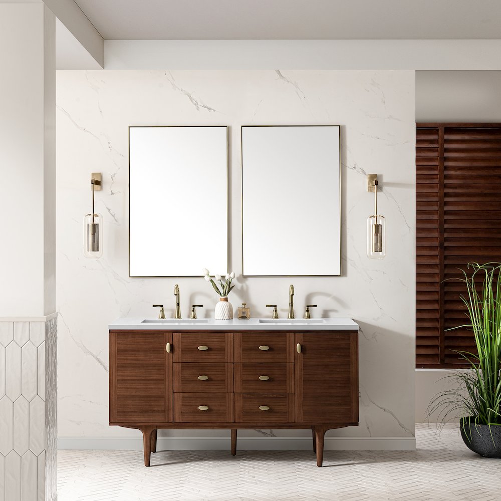 60" Double Vanity, Mid-Century Walnut w/ 3 CM White Zeus Top. Picture 5