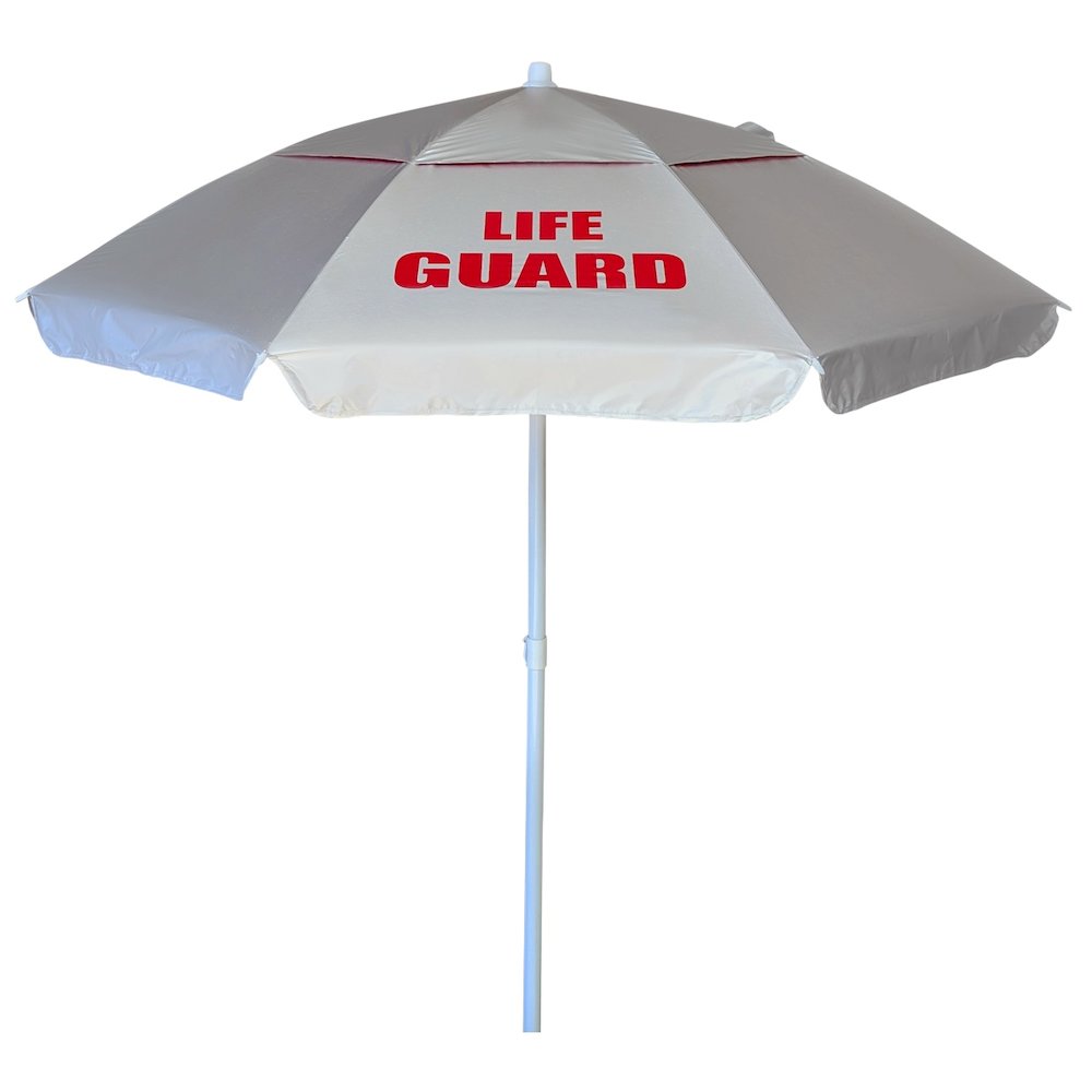 5.5' Wind Umbrella with LIFE GUARD Logo, Silver /Red. Picture 2